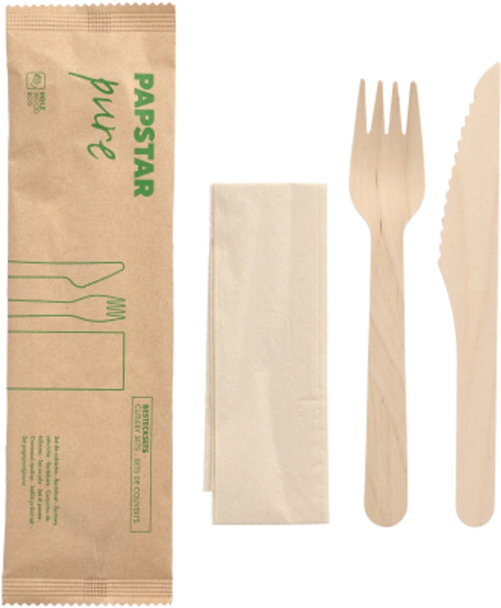 50x Bestekset Hout pure : Mes Vork Servet in papieren sleeve