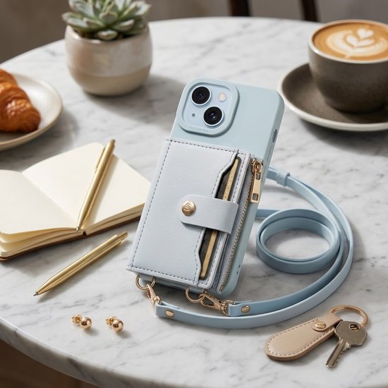 Lichtblauw telefoonhoesje met portemonnee, rits en koord op een marmeren tafel met koffie.