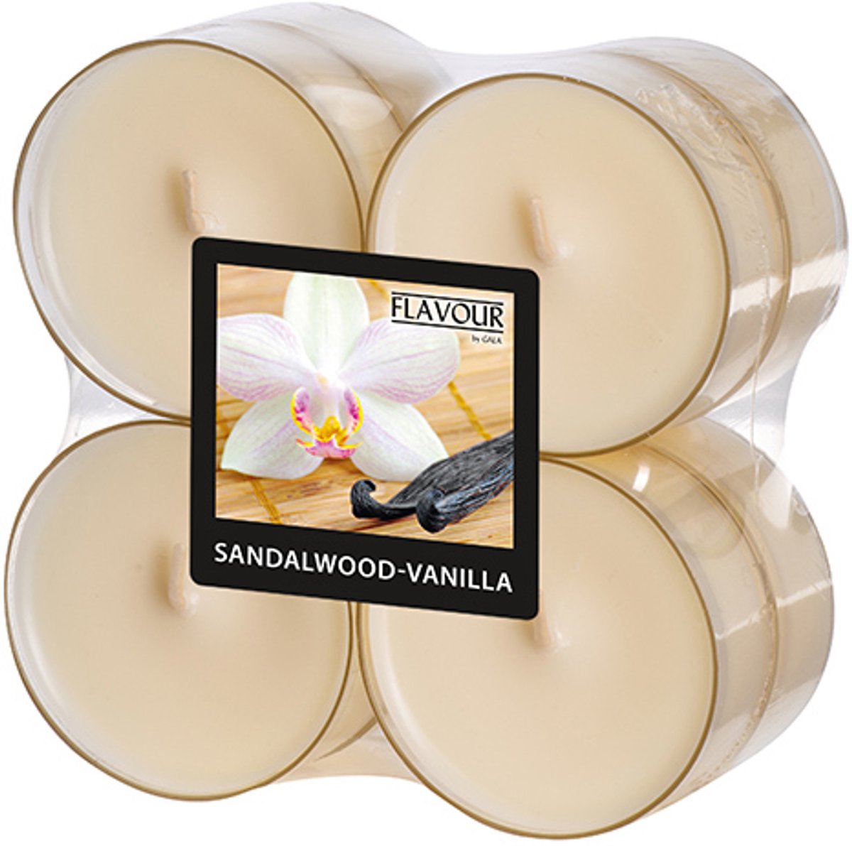 6x 8 GALA Maxi geurtheelichten Ø 59 mm · 24 mm ivoor - Sandalwood-Vanilla Polycarbonathülle