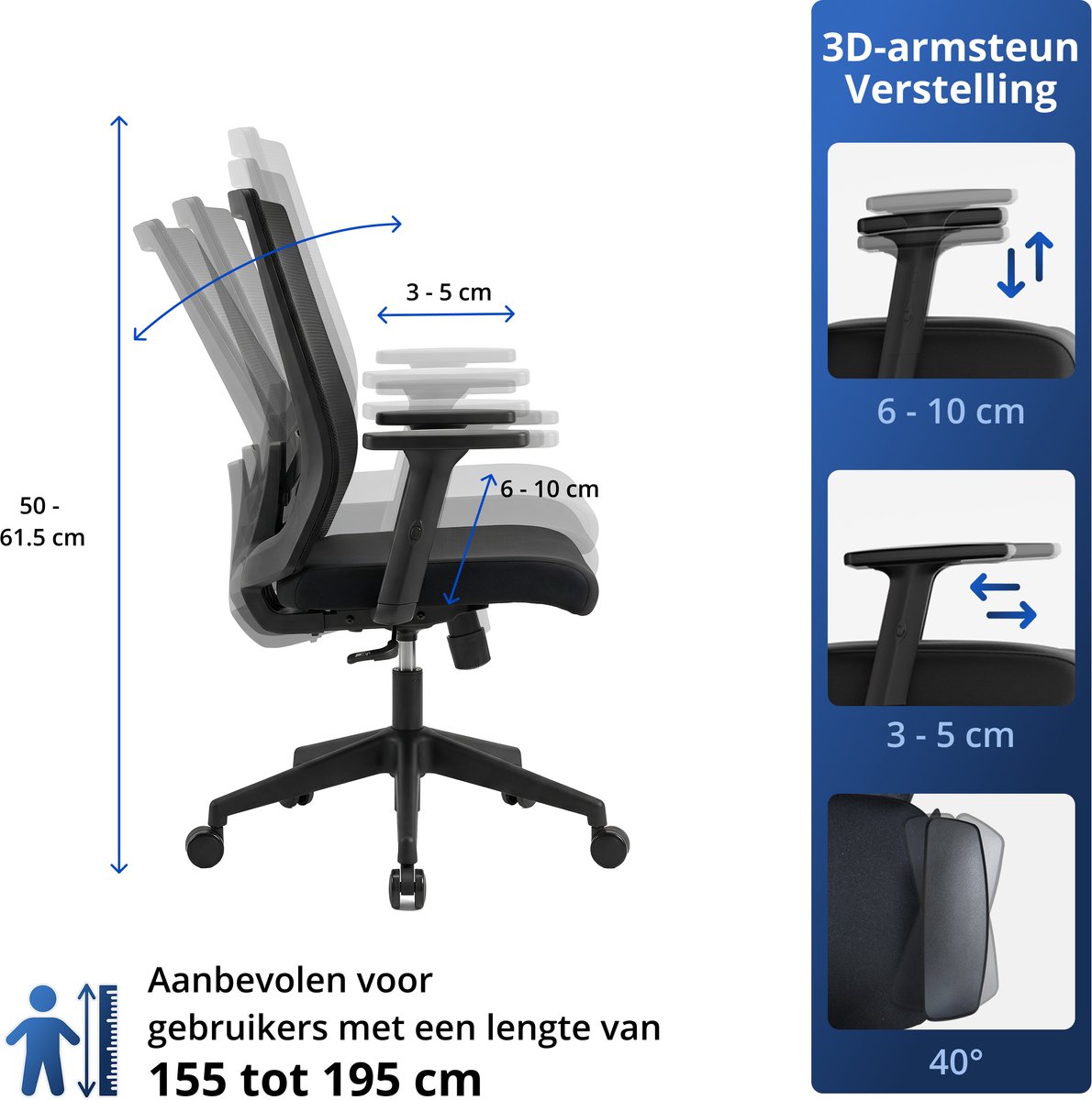 Ella Health Ergonomische Bureaustoel - Tot 140kg - Zwart - afbeelding 3