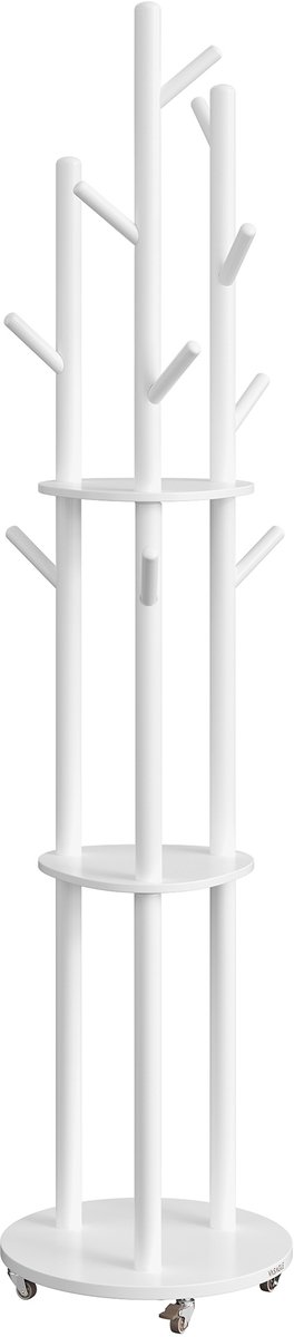 Vasagle Kapstok - Kapstok Hout - Kapstok met 11 Haken - 3 Planken - 4 Draaibare en Afneembare Wielen Wolkenwit