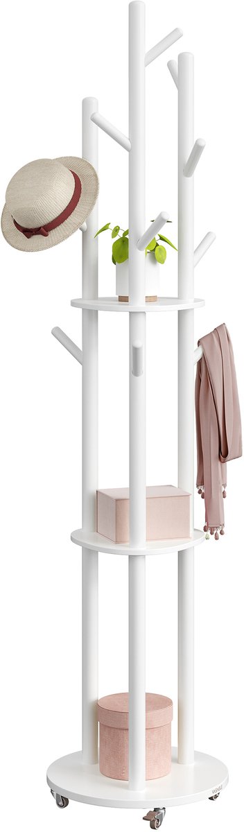 VASAGLE - Kapstok - Kapstok Hout - Kapstok met 11 Haken - 3 Planken - 4 Draaibare en Afneembare Wielen