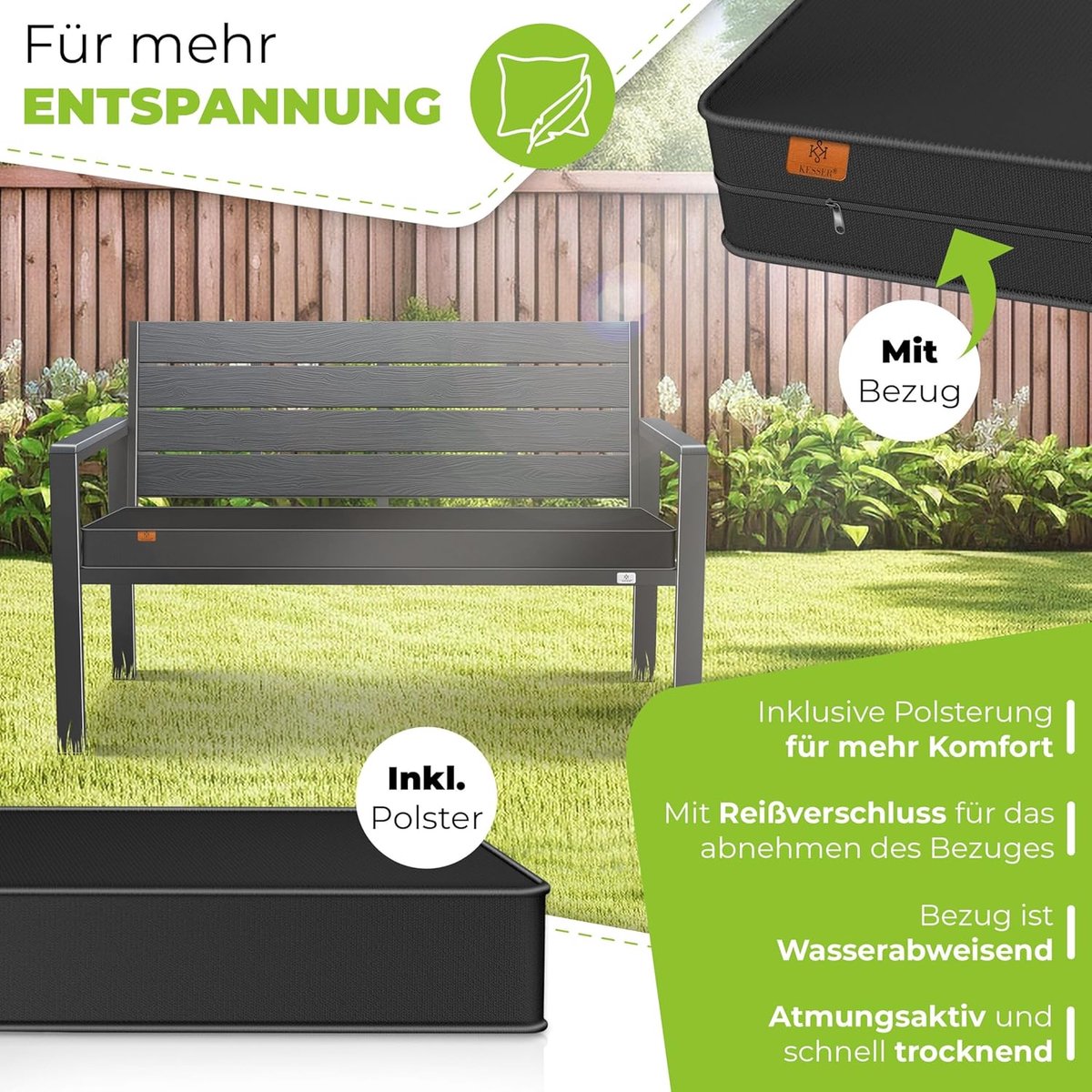 Tuinbank 2-Zits met Kussen 120x64x78 cm – Weerbestendige Balkonbank voor Tuin, Terras & Balkon, UV-bestendig, Inclusief Afneembare Wasbare Bekleding – Robuuste Houten Look Zithoek | Laura