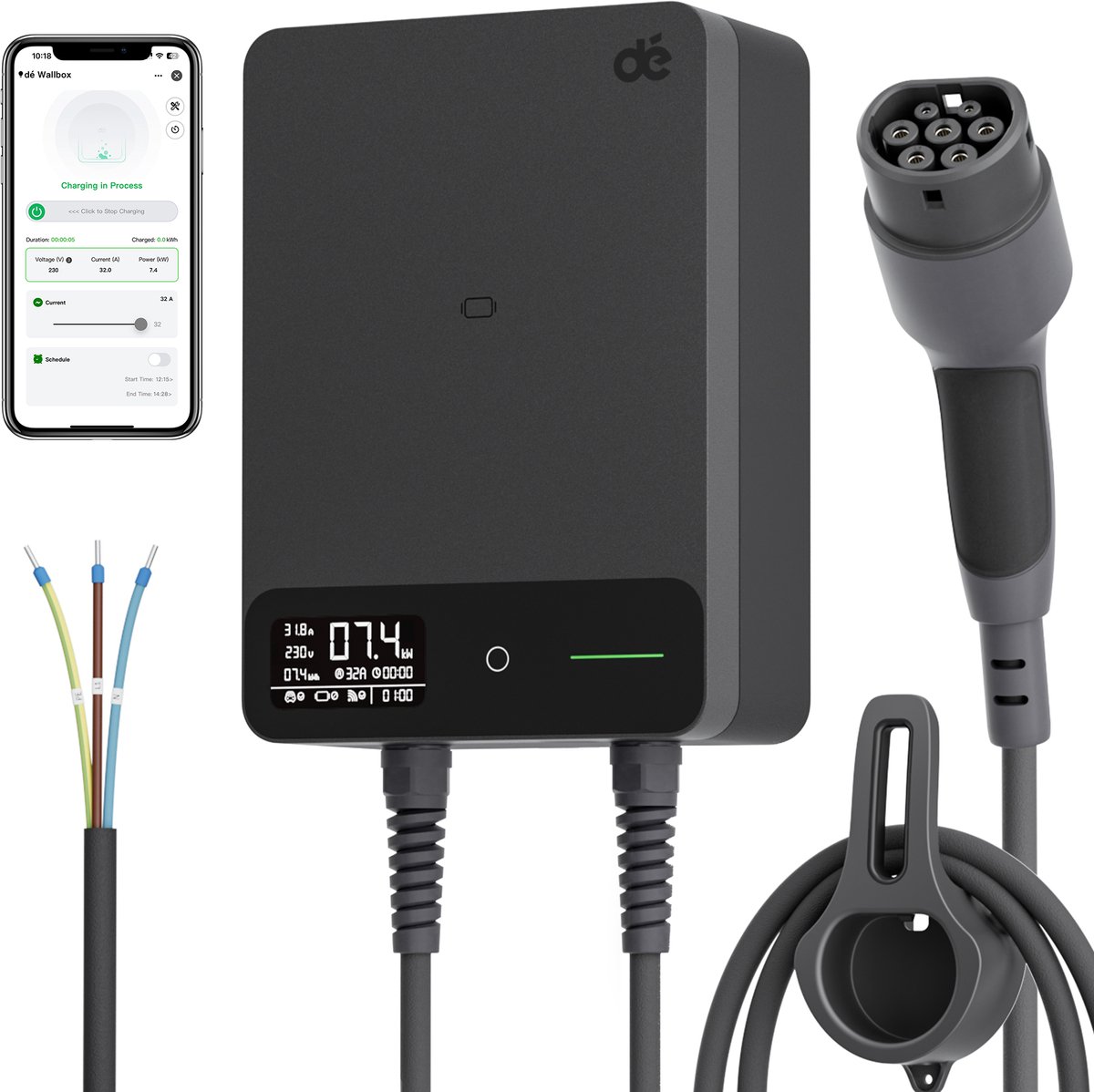 dé Laadpaal 7,4kW 32A 1 fase - Wallbox met APP - 7,5 meter Type 2 vaste kabel - EV-laadstation met Aardlekschakelaar Type B en IP54 Bescherming - voor BEV/PHEV - Zwart