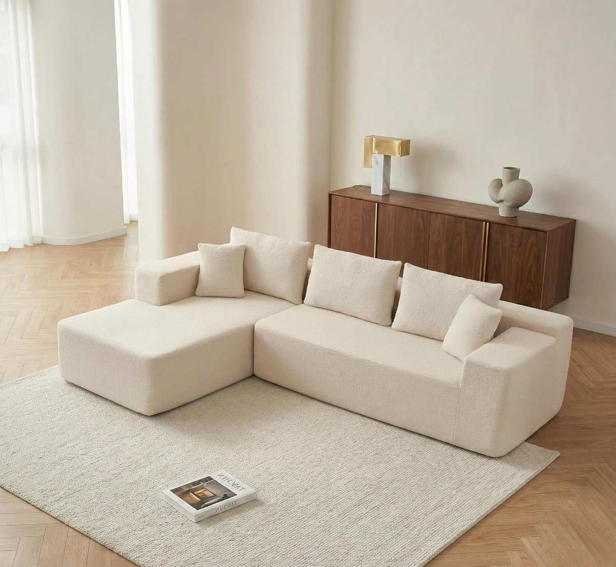 Hoekbank L-vorm met chaise longue rechts 263x173x60 cm – Modulaire slaapbank met hoogwaardig schuim, boucle stof, modern design, direct uitklapbaar zonder montage – Laura