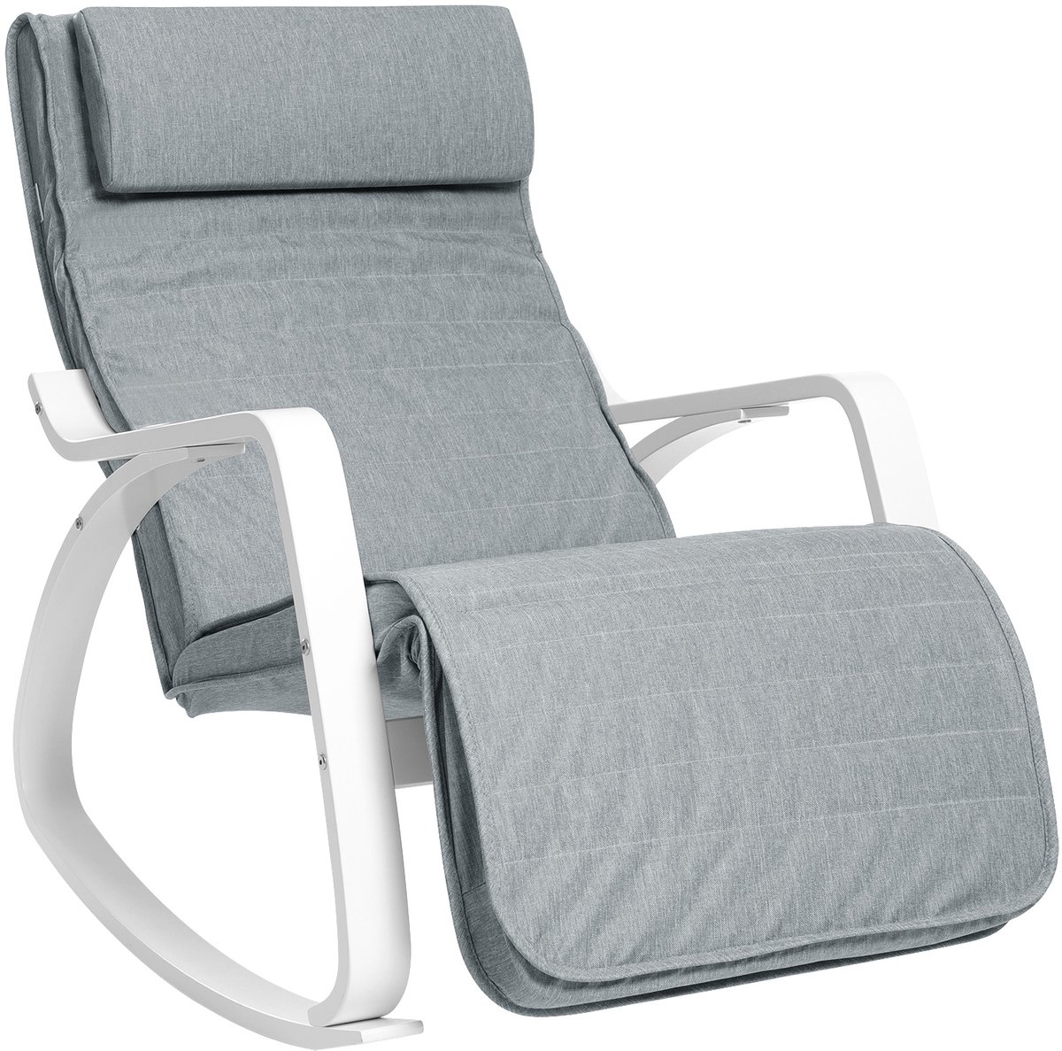 Songmics Relaxfauteuil - Schommelstoel van Berkenhout - Relaxfauteuil met Verstelbare Voetsteun - Tot 150 kg Belastbaar Grijswit