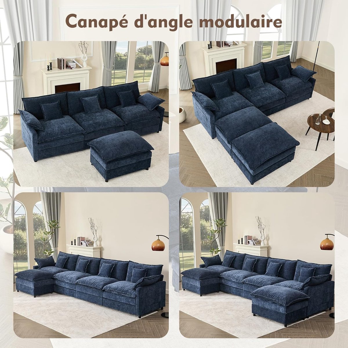 U-vormige slaapbank 274 cm met opbergruimte en chaise longue – modulaire hoekbank L-vorm chenille stof – 5-zits comfortabele bank met hoge zitdiepte 63,5 cm – navyblauw – Laura