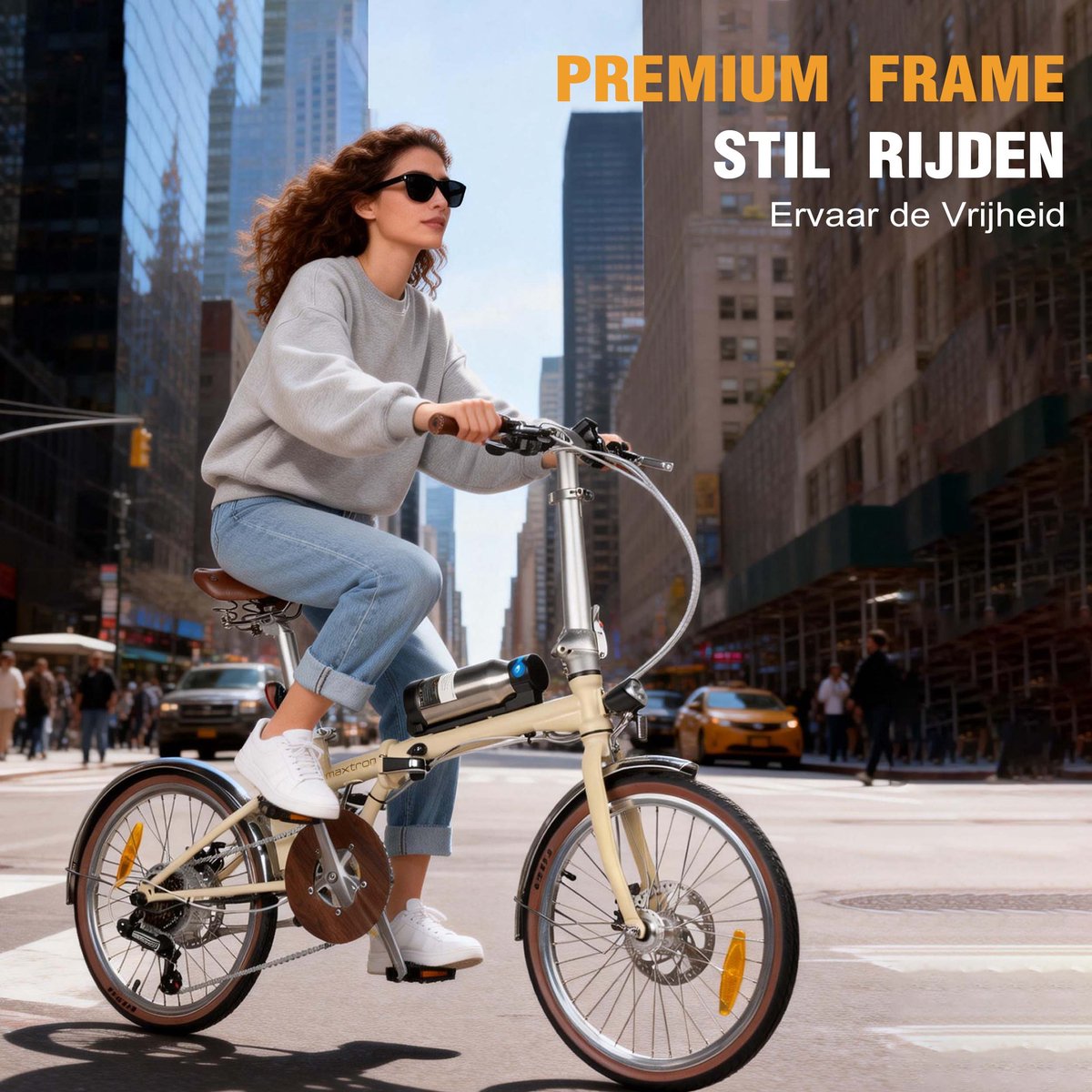 Maxtron Smart20 Elektrische Fiets – Opvouwbare E-bike – 36V 5.2Ah Lithium Accu – Actieradius tot 40 km – 20×1.35 inch Banden – Aluminium Voorvork – Shimano 7 Versnellingen – Mechanische Schijfremmen – Stadsfiets – Max. Belastbaar tot 100 kg – Beige thumbnail 6