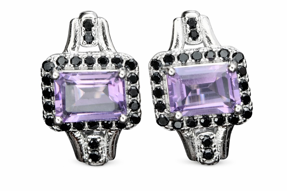 925 Zilveren Oorknoppen met Natuurlijke Amethist en Spinel - Rhodium Plated - Edelsteen Oorbellen Dames