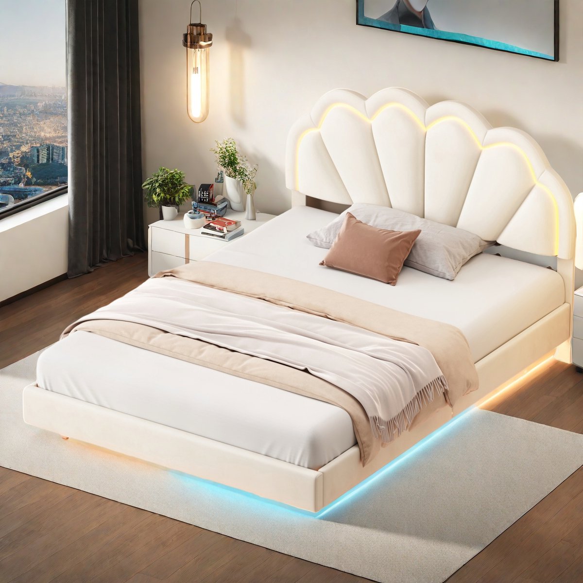 ROSAHQNDA Modern gestoffeerd bed 140x200cm, tweepersoonsbed met LED-verlichting en hoofdbord in bloemmotief, gemaakt van zachte fluwelen stof, exclusief matras (verzonden in 2 pakketten) Beige