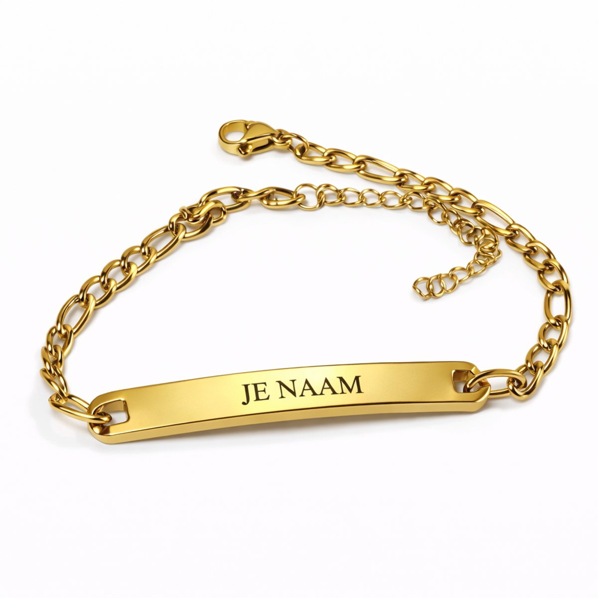 Armband met graveer, Armband met naam, Armband - gepersonaliseerd - goudkleurig - met gebogen naamplaatje - schakelarmband - verstelbaar, Armband met naamplaatje ,graveerarmband