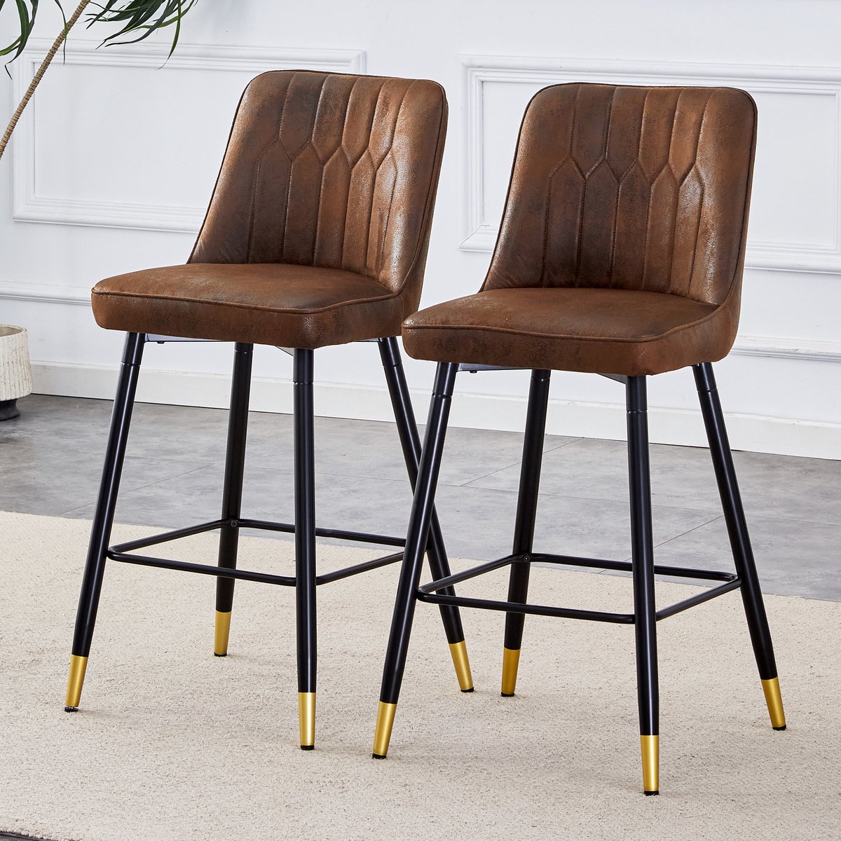 Welltin Barkruk set van 2-Barkrukken-Keukenstoel-Moderne stijl-Hoogte 100 cm-Stof-Metaal-bruin, zwart-Met rugleuning-gestoffeerde zitting