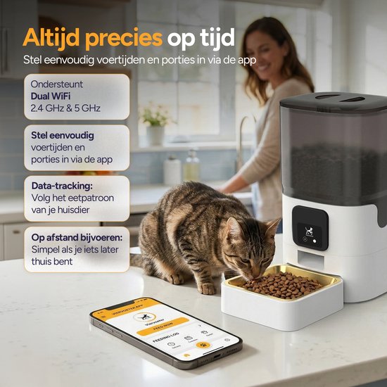 Automatische voerbak 6L met kat en smartphone met app 'Voer Controle', dubbel wifi.