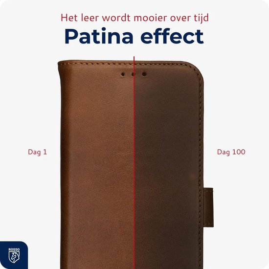 Vergelijking van bruin leder: dag 1 versus dag 100, met 'Patina effect' tekst.