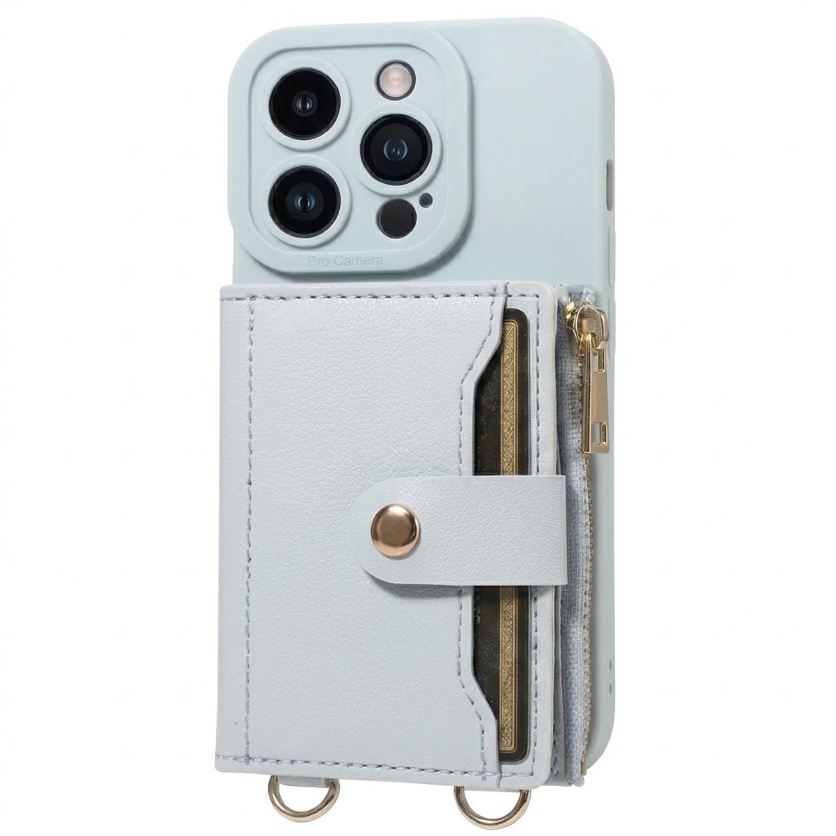 Lichtblauw telefoon hoesje met portemonnee en rits geschikt voor iPhone 17 Pro Max – kunstleer beschermende wallet case voor dames en heren met pasjeshouder, druksluiting, draagkoord bevestiging en standaard functie