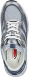 Topaanzicht van een lichtblauwe Gabor Rollingsoft sneaker met zilveren overlays en witte veters.