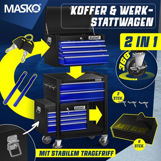 Zwarte gereedschapswagen met blauwe laden, koffer en compacte unit. 2-in-1 functie en accessoires getoond.