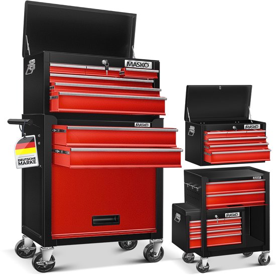 Chariot à outils noir et rouge à 9 tiroirs, avec une mallette détachable et une petite armoire.