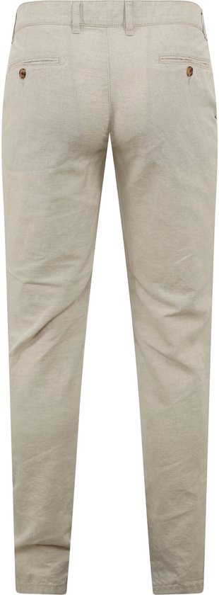 De achterkant van een beige linnen broek.