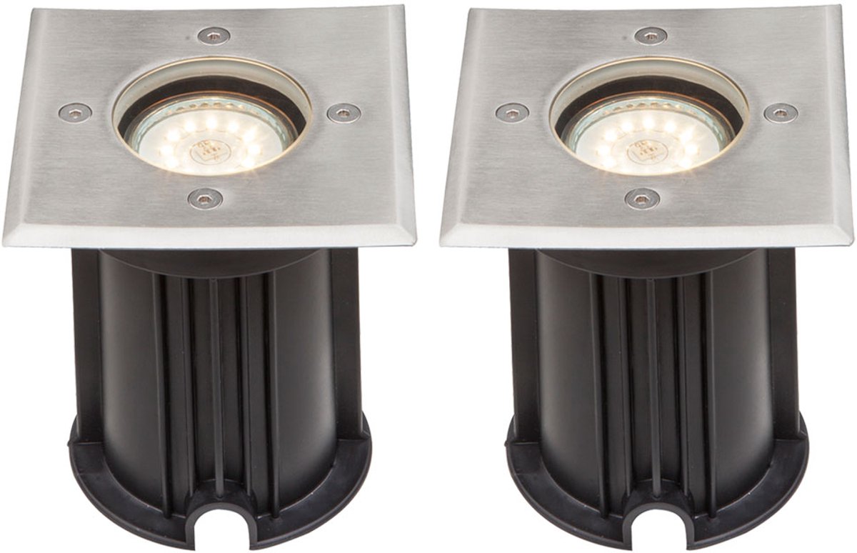 Grond inbouwspot buiten IP67 roestvrij staal tuinlamp grondspot verrijdbaar tot 2000kg, helder glas, 1x GU10, LxBxH 11x11x12,3, set van 2