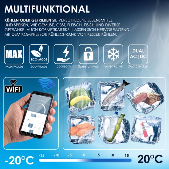 KESSER® Compressor Koelbox Elektrische Frigobox, met APP-bediening USB-aansluiting 12/24 V 230V, +Telescopische stangwielen tot -20 °C - 42L, 52L, Koelbox voor auto, vrachtwagen, boot, camper, camping van KESSER — afbeelding 5