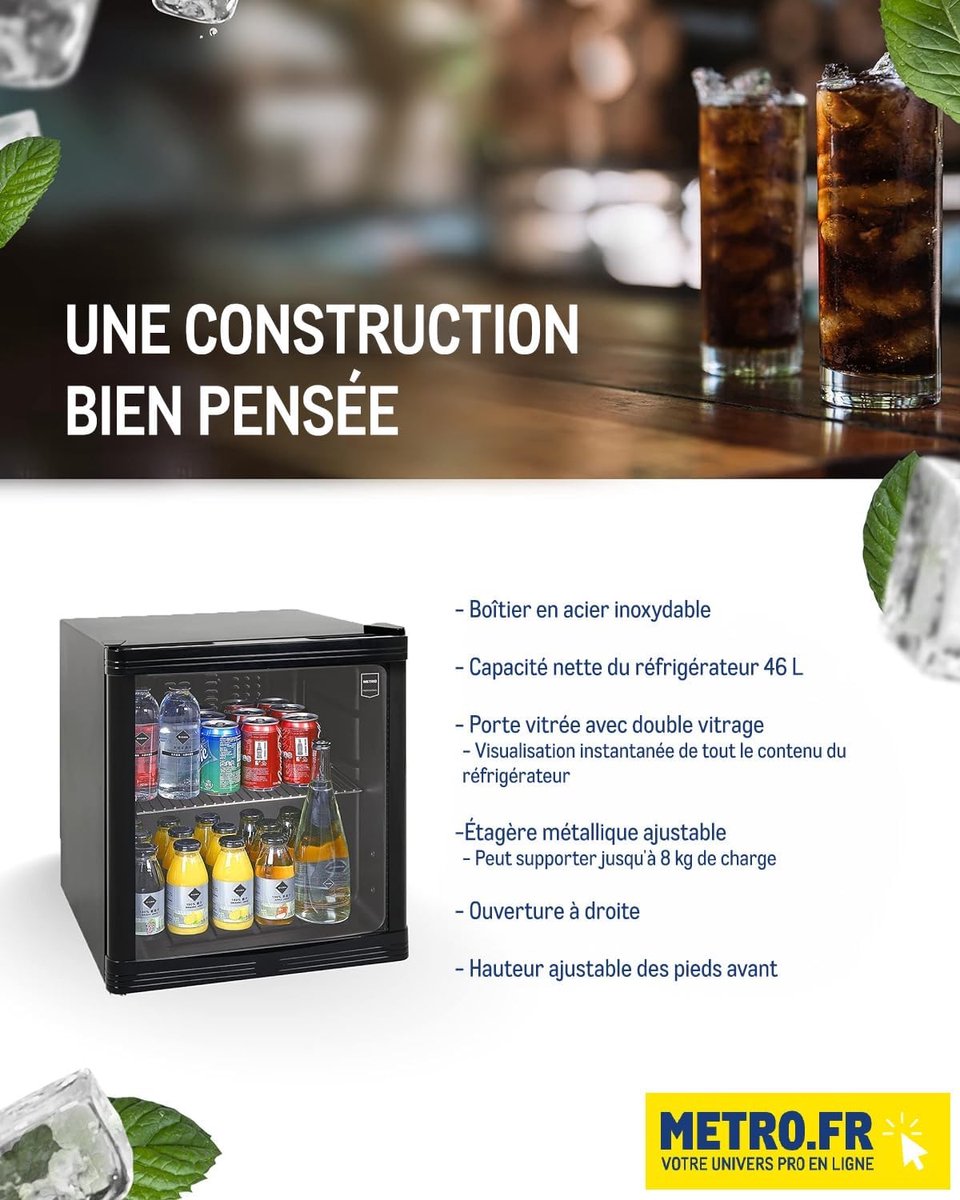 METRO Professional Minibar Koelkast GPC1046 Glas Roestvrij staal 46 L Circulatiekoeling zwart