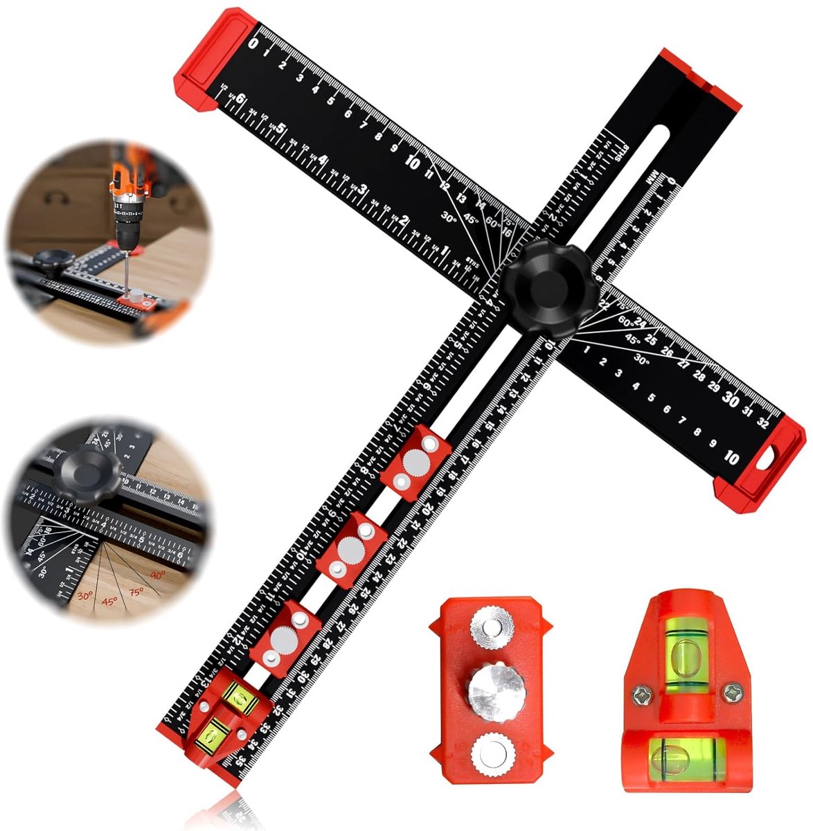 Boren Positionering Liniaal - Meet Mal - Kast Deur Montage - Verstelbaar 4-in-1 Ontwerp - 35 cm Lengte - Zwart