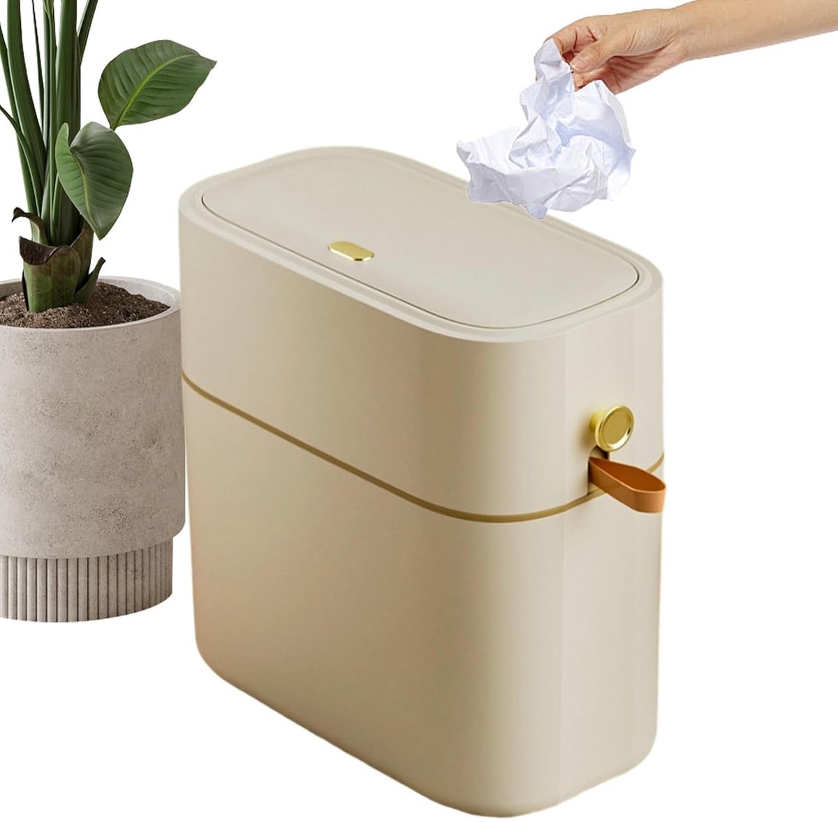 Badkamer Prullenbak - Afvalbak Deksel - Ruimtebesparend Opbergen - Geurwerende Slanke Vorm - 8 Liter Capaciteit - Wit Beige