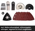 Diverse opzetstukken voor een multitool: schuurpapier, schraper, segment- en invalzaagbladen.