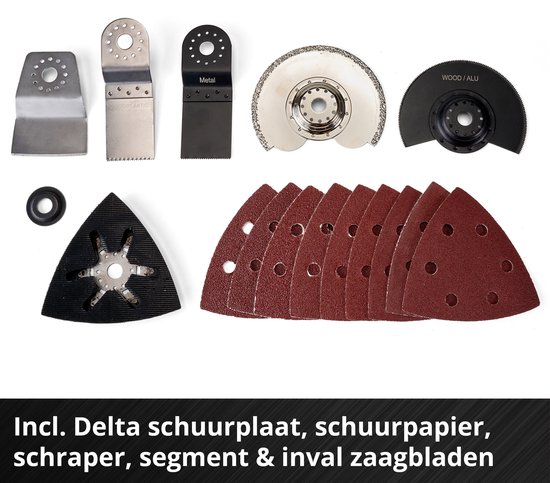 Diverse opzetstukken voor een multitool: schuurpapier, schraper, segment- en invalzaagbladen.