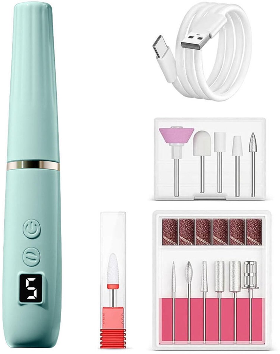 Elektrische Nagelvijl Pocket Edition - Nagelfrees 18000 RPM - 12 Bitjes & 6 Schuurrolletjes - 5 versnellingen - Draadloos en Oplaadbaar - Wireless - Manicure & Pedicure Set - Eeltverwijderaar - Nail Drill - Nagelboor - Draagbare manicureset - Groen