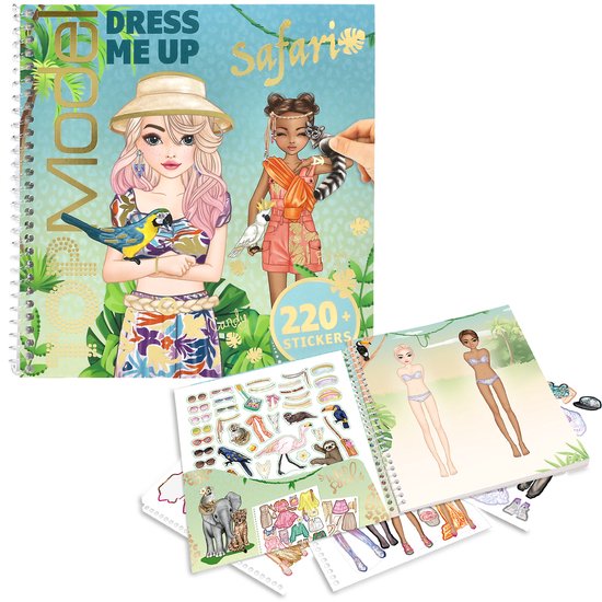TopModel Dress Me Up safari stickerboek met modellen en stickers, afgebeeld als een open spiraalvormig boek.