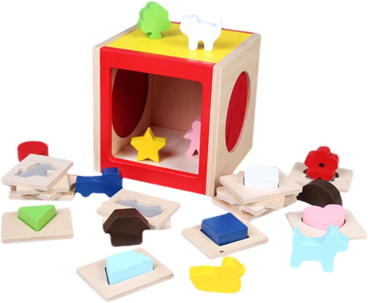 Vormen Sorteerder - Houten Puzzel - Vroeg Leren - Sensorisch Tafelspel - 17 x 17 x 17 cm - Enkel Kenmerk
