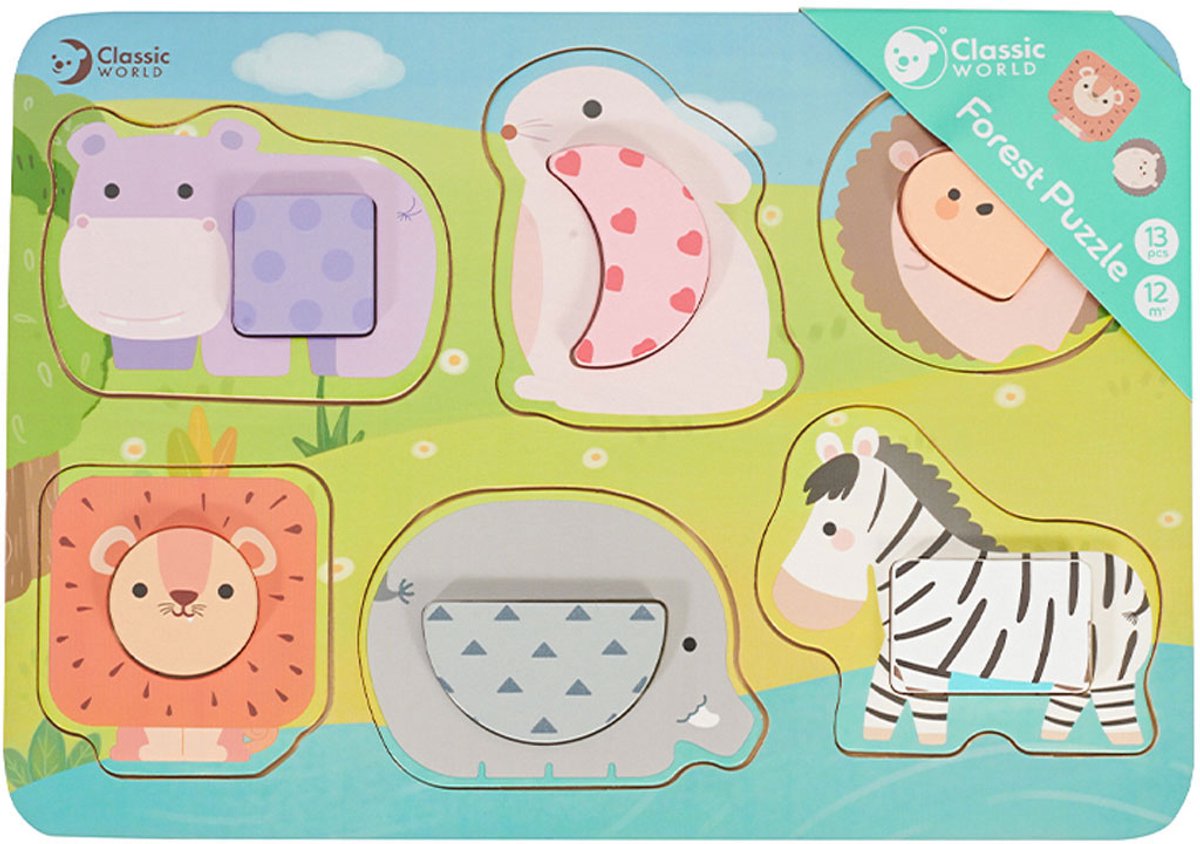Classic World houten puzzel wilde dieren educatief speelgoed 13 stukjes.