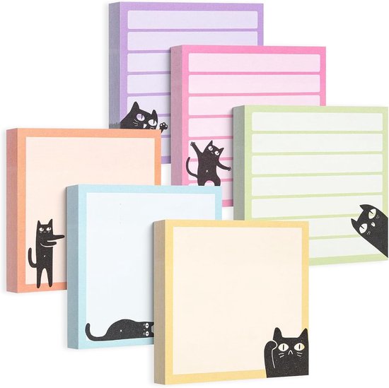 Zes pakken memo-briefjes in paars, roze, groen, oranje, lichtblauw en geel. Elk pak heeft een patroon van zwarte katten.