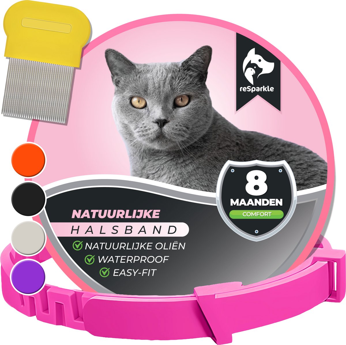 reSparkle natuurlijke vlooienband kat roze met vlooienkam