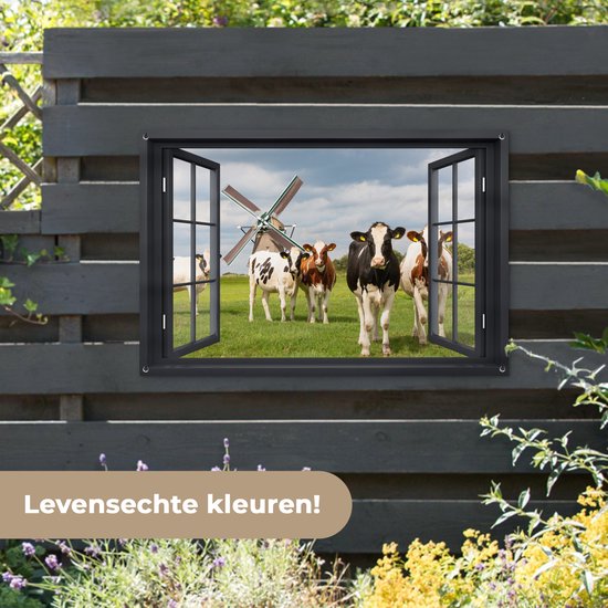 Affiche de jardin Transparente - Vache - Moulin - Vaches - Pâturage - Herbe - Vert - 130x80 cm