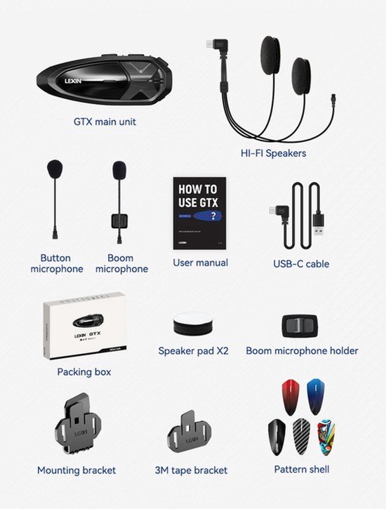 Lexin - GTX 1 - Motorfiets Intercom - Motorhelm - Bluetooth - Headsets - Handsfree - Communicator - Interphone - Voor 10 ruiters -1 stuks - 2000M