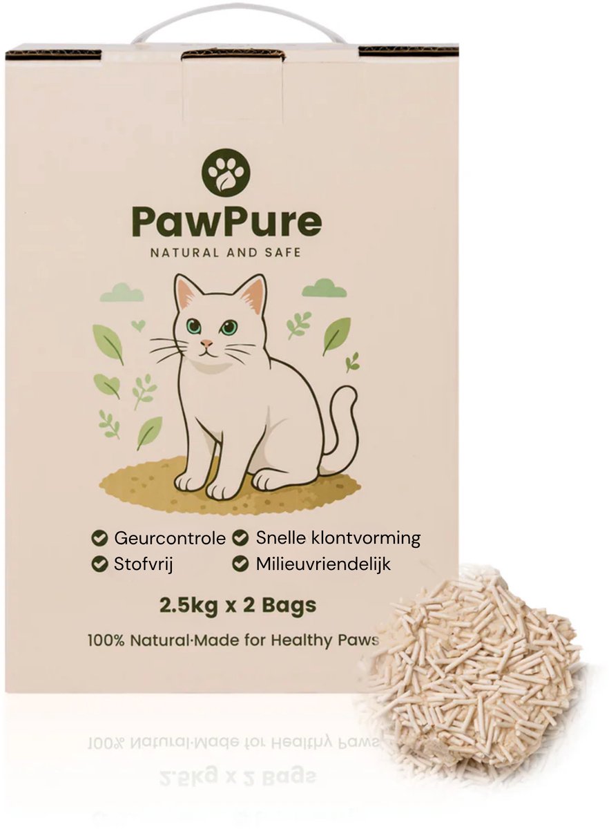 PawPure Tofu Kattenbakvulling 2x2,5kg – Klonterend, Doorspoelbaar, Stofarm, Geurcontrole, Natuurlijk & Milieuvriendelijk