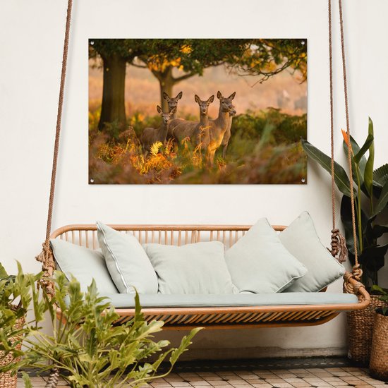 Tuinposter 120x80 cm - Tuindecoratie Herfst - Zon - Herten - Poster voor in de tuin - Buiten decoratie - Schutting tuinschilderij - Tuindoek muurdecoratie - Wanddecoratie balkondoek