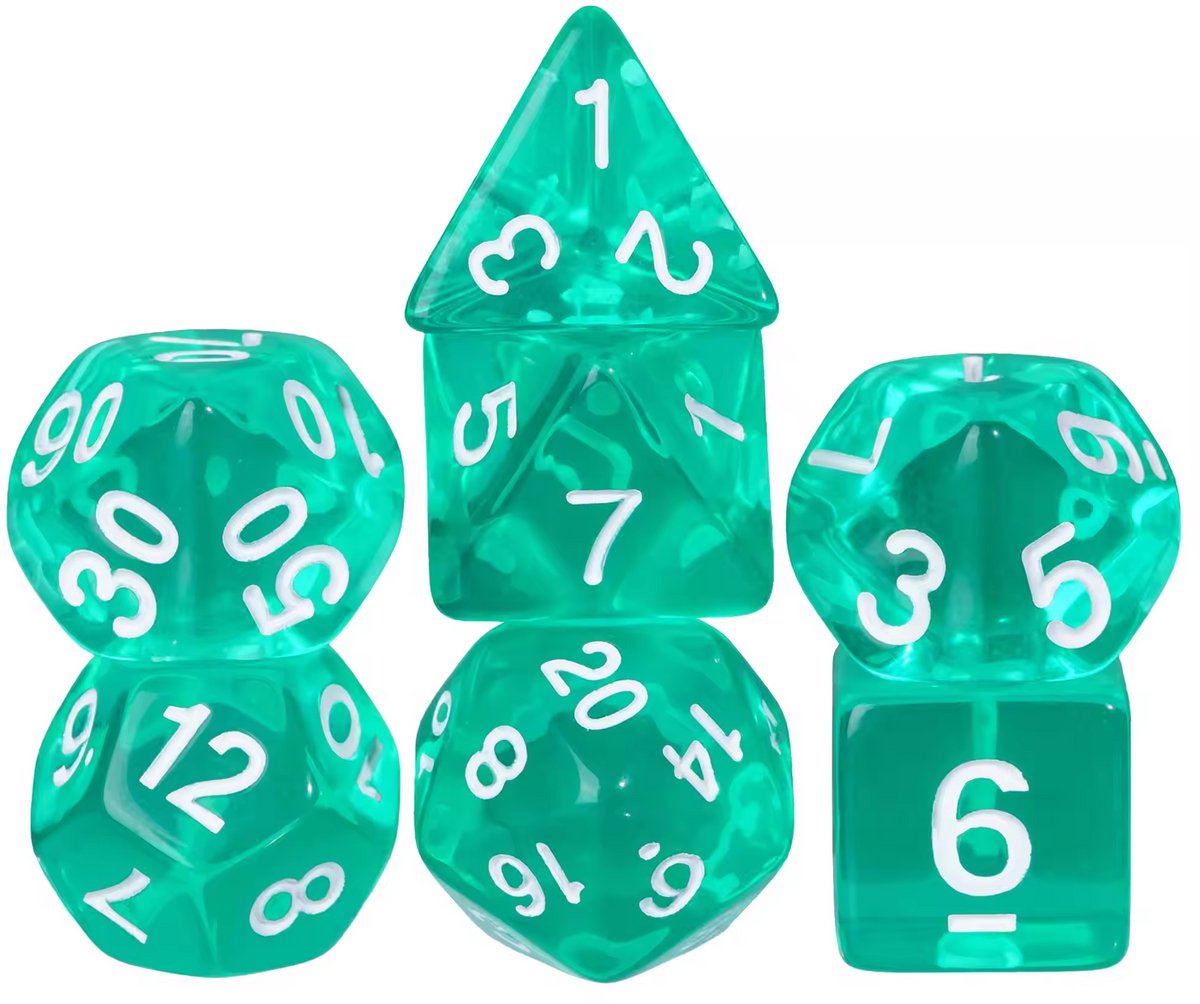 Dobbelstenen Set 7-delig – Transparant Cyan D20 D12 D10 D8 D6 D4 – Voor RPG & Tafelspellen