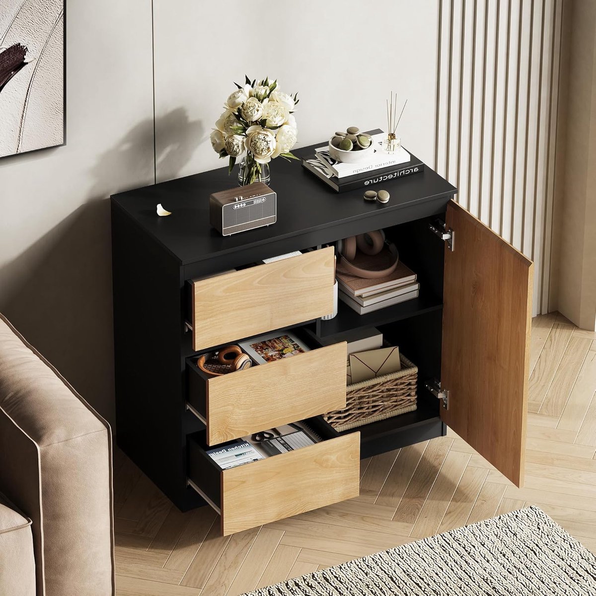 Moderne Design Commode met 3 Lades & Kast met Deur en Planken – Multifunctioneel Sideboard voor Woonkamer, Slaapkamer & Hal – 80 cm – Zwart & Eiken Look- Mobili Bella