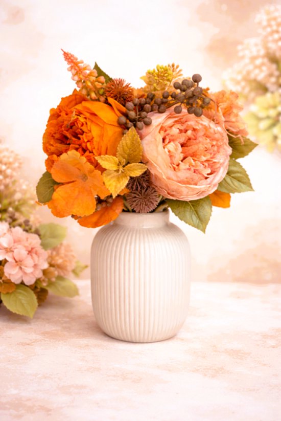 Foto: Home compleet boeket donker roze zijden bloemen zalm kleur excl vaas hoogte 40 cm