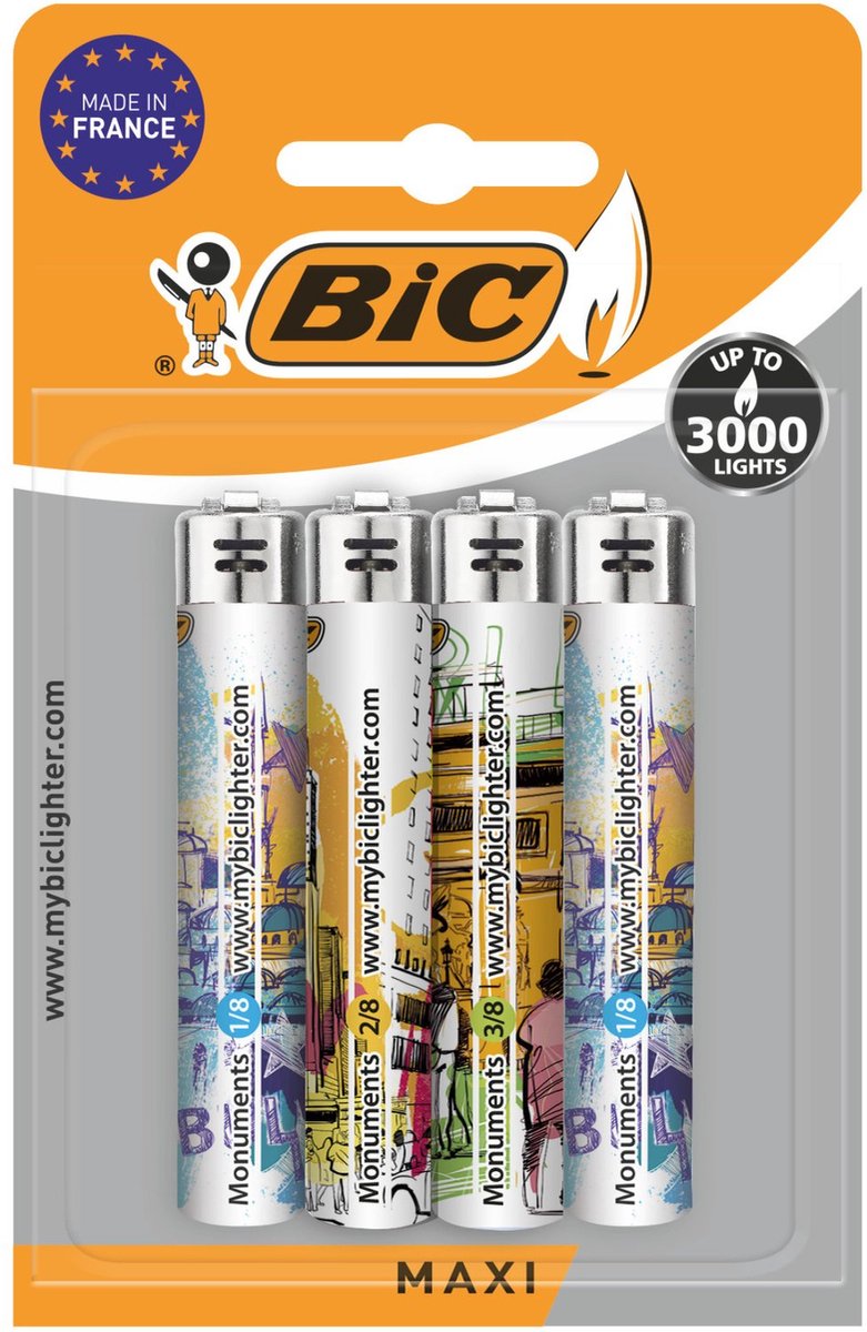 BIC Maxi Aanstekers - Geschikt voor BBQ en kaarsen - Kindveilig - Aansteker -Diverse Kleuren - '4 StuksDecorated Lighters 4 pieces