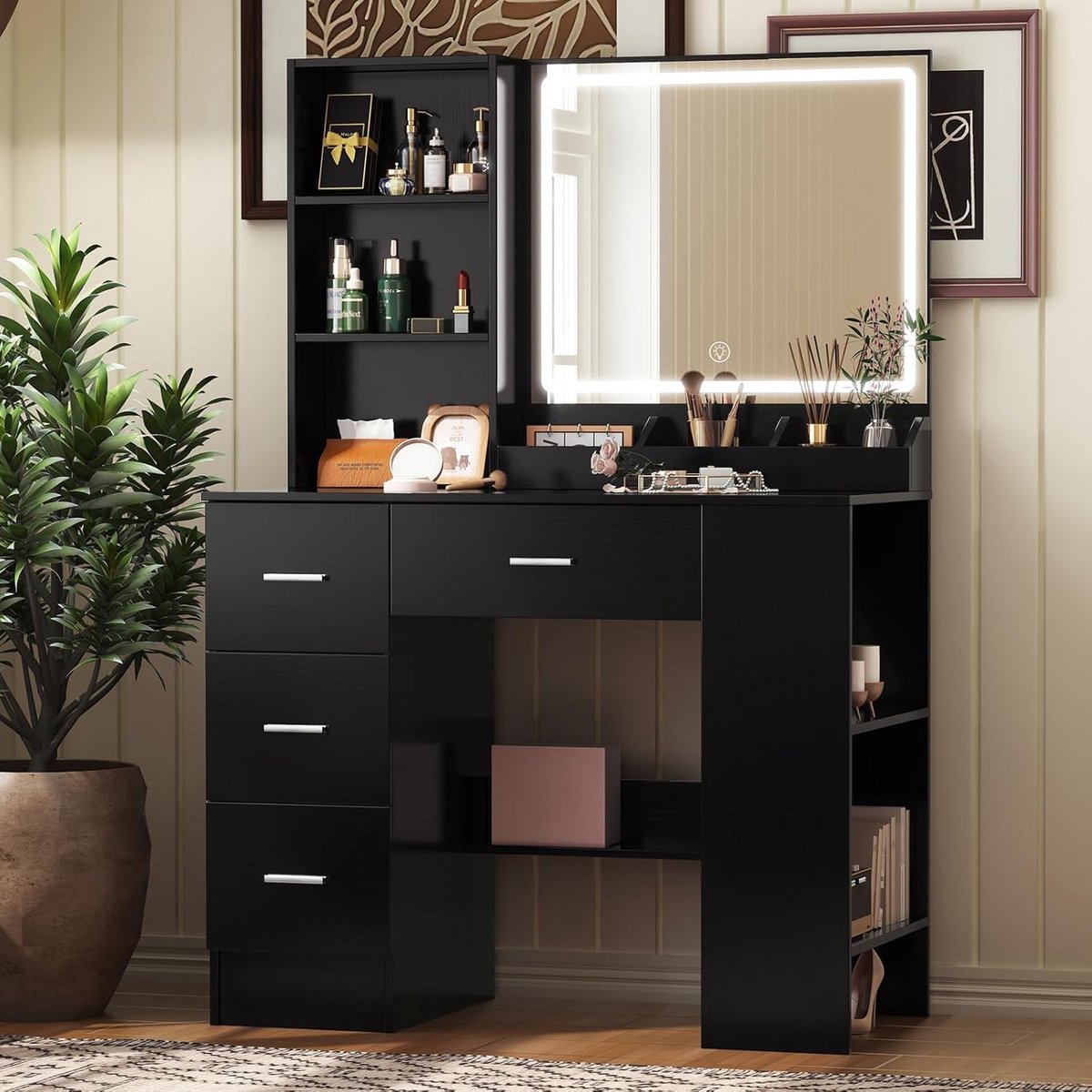 Titel (SEO geoptimaliseerd): Luxe LED Kaptafel met Spiegel en Verlichting 90 cm – Make-up Tafel met 4 Lades, 2-Laags Zijkast en Dimbare LED Verlichting – Zwart