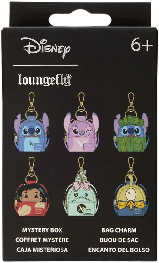Mystery box met 6 Disney Loungefly sleutelhangers. Toont Stitch, Lilo, Angel en meer.