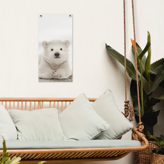 Tuinposter 30x60 cm - Tuindecoratie IJsbeer - Dieren - Kinderen - Wit - Jongens - Meisjes - Poster voor in de tuin - Buiten decoratie - Schutting tuinschilderij - Tuindoek muurdecoratie - Wanddecoratie balkondoek