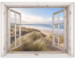 Tuinposter doorkijk raam - Tuindecoratie strand en zee - 160x120 cm - Tuinschilderij voor buiten natuur - Tuindoek duinen - Wanddecoratie tuin - Schuttingdoek - Balkon decoratie - Muurdecoratie - Buitenposter