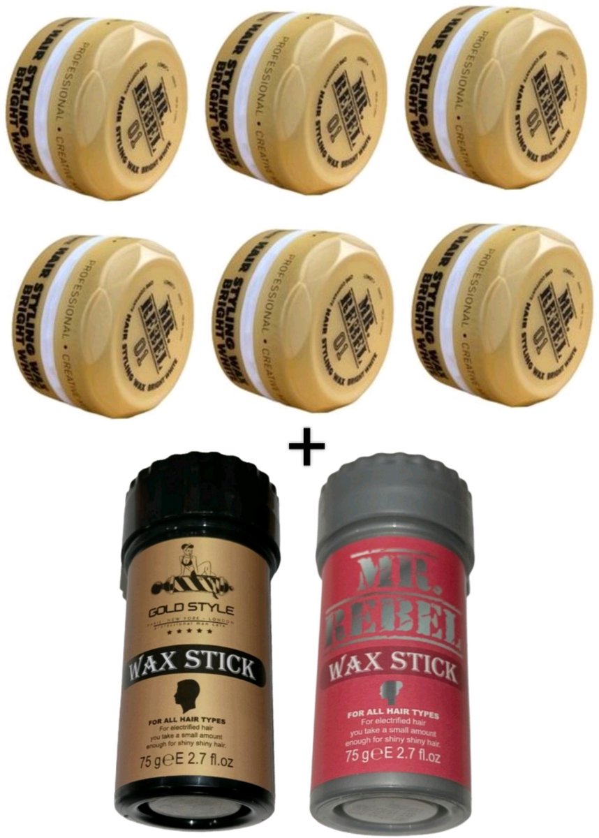 Mr. Rebel 01 Hair Styling Wax Bright White "voordeelpak" (6 stuks) 900ml + goldstyle en mr.rebel waxstick 2x 75 gram