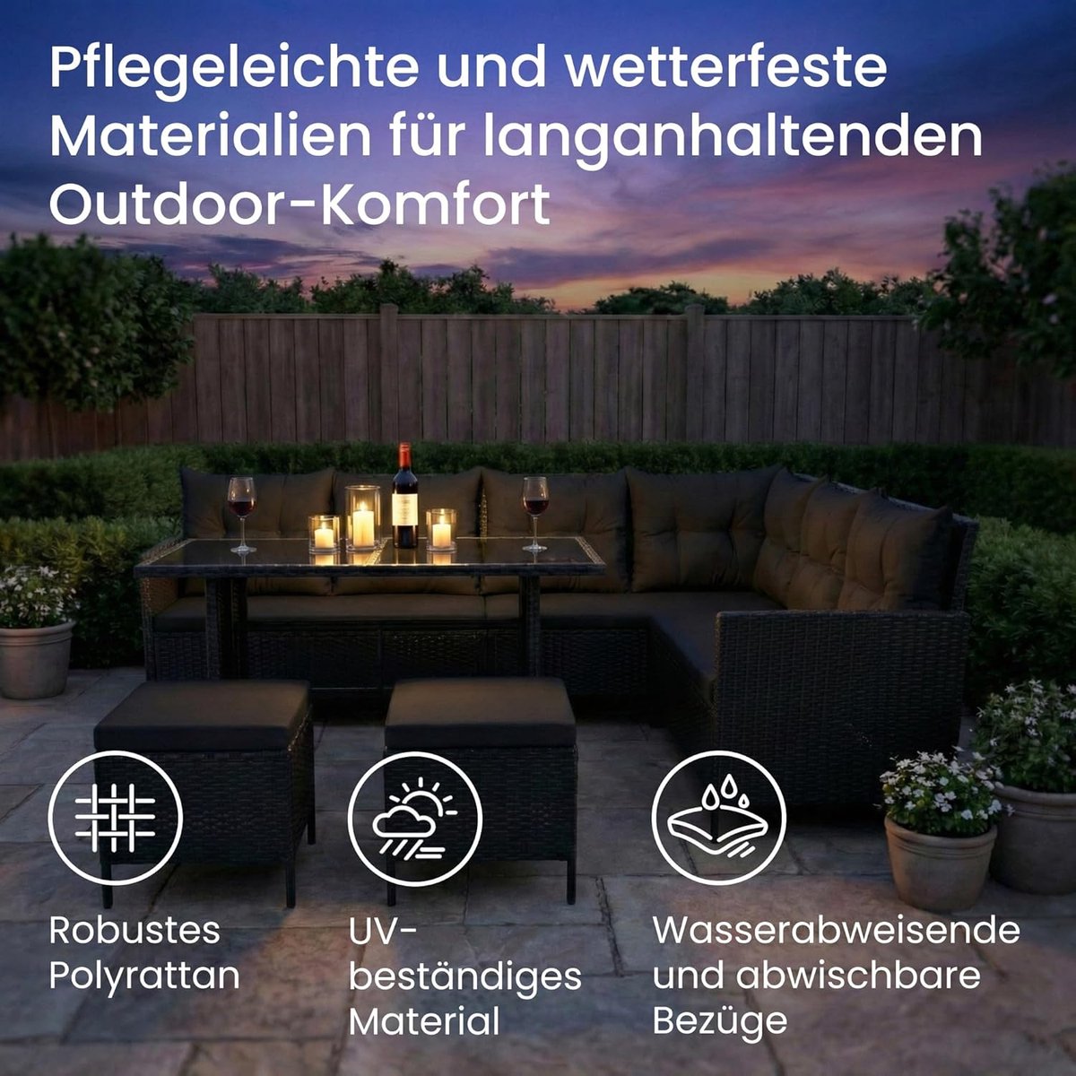 Tuin loungeset 7-zits hoekbank polyrotan aluminium weerbestendig met kussens en glazen tafel 79 cm diepte zwart – Nicolehome